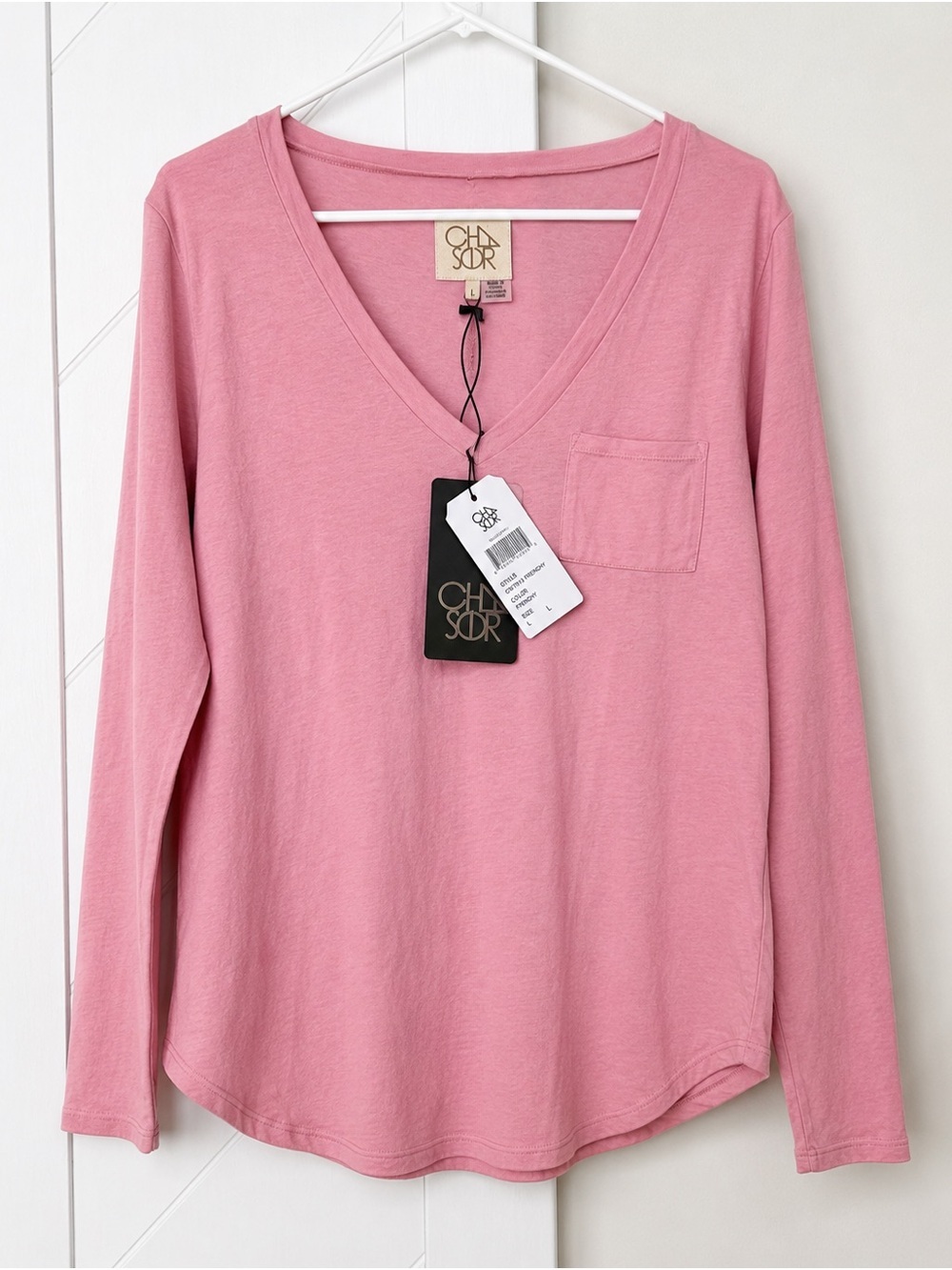 Chaser Pink V-Neck Pocket Long Sleeve Tee 100% Cotton Size Large NWT